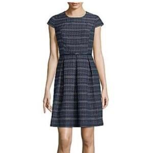 Liz Claiborne Dress Short Sleeve Tweed Blue White Cotton Blend Women's Size 14